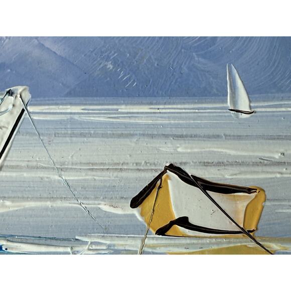 Framed Oil Painting Nautical Boats Impasto Framed Unsigned Docks Mooring Sea Sky - Picture 12 of 16